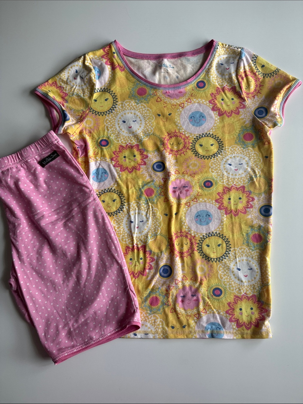 Matilda Jane Yellow Sun & Floral Short Sleeve Pajama Set with Pink Shorts Sz VGU
